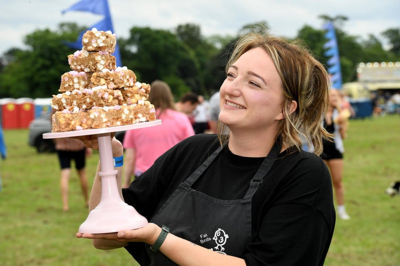 Kirstie Riddell of The Fat Birds Bakery in Harrogate with a stand full of Biscoff rocky road at the festival