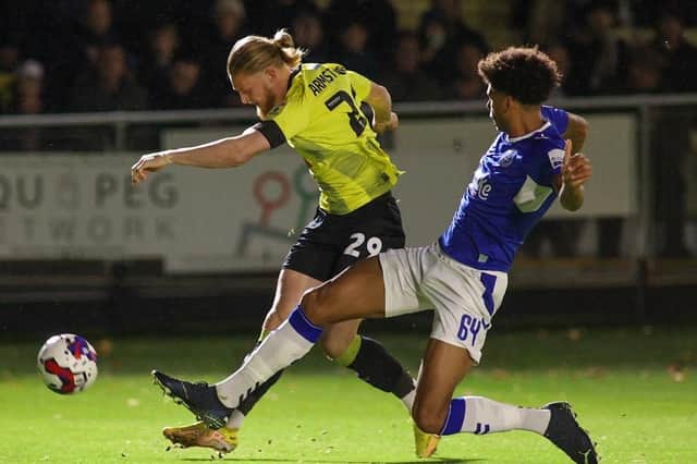 Luke Armstrong on the attack during Harrogate Town's EFL Trophy clash with Everton U21s. Picture: Matt Kirkham