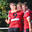 Cameron Bedford is congratulated by his Knaresborough Town team-mates after finding the net during Saturday's victory over Rossington Main. Picture: Graham Finney/Knaresborough Town AFC