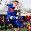 Toby Sims in action during Harrogate Town's 3-1 defeat at Crawley last season. The right-back will miss this Saturday's clash with the Red Devils through injury. Pictures: Matt Kirkham