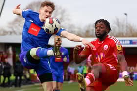 Toby Sims in action during Harrogate Town's 3-1 defeat at Crawley last season. The right-back will miss this Saturday's clash with the Red Devils through injury. Pictures: Matt Kirkham