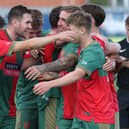 Harrogate Railway's players celebrate their stoppage-time winner against Ilkley Town. Picture: Craig Dinsdale