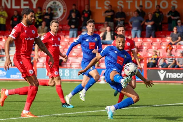 Warren Burrell finds the net for Harrogate Town against Accrington Stanley earlier this season. Picture: Matt Kirkham