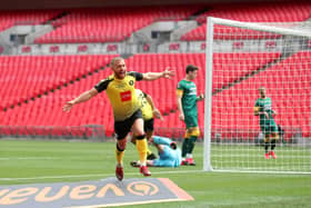 George Thomson celebrates at Wembley Stadium after breaking the deadlock in the most notable previous encounter between Harrogate Town and Notts County. Picture:  Catherine Ivill/Getty Images