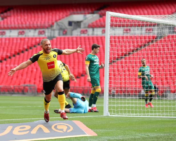George Thomson celebrates at Wembley Stadium after breaking the deadlock in the most notable previous encounter between Harrogate Town and Notts County. Picture:  Catherine Ivill/Getty Images