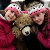 Twins Nancy and Molly Duffy, aged 10, with one of their Grey Face Dartmoor sheep called Toby