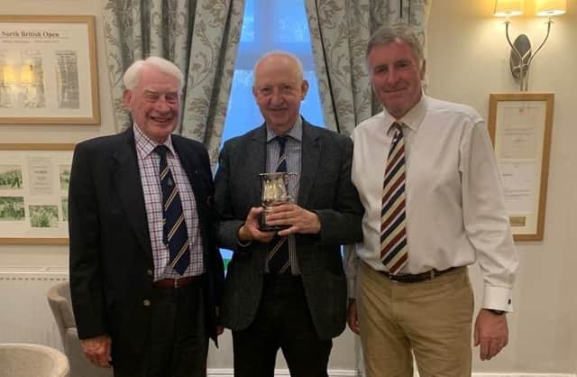 Peter Rhodes, centre, winner of Pannal GC's Brown Holgate Trophy 2023 with Richard Holdgate, left, and Martin Boyle. Picture: Submitted