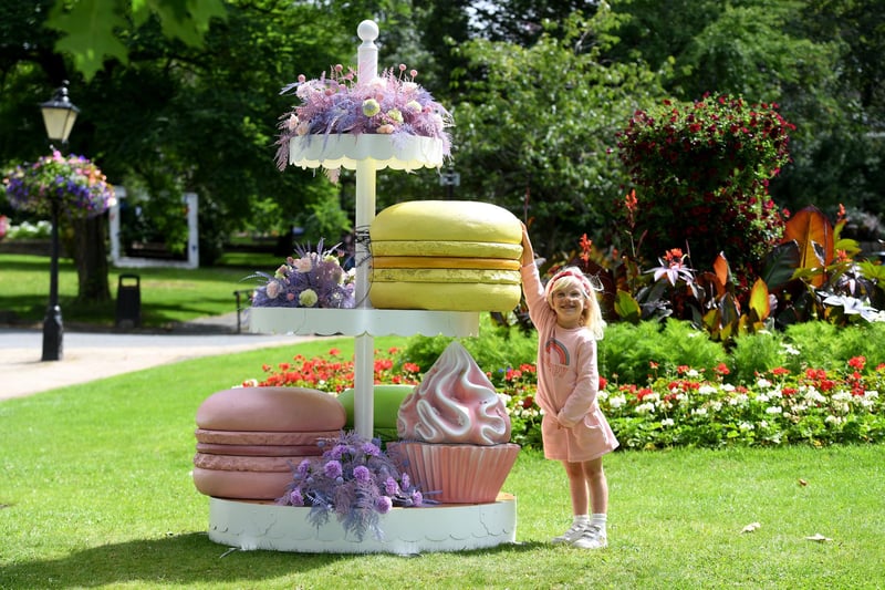 Ivy Pitts-Banner (aged five) with the 'Afternoon Tea' display on Montpellier Hill – celebrating Harrogate’s Swiss connection through Bettys