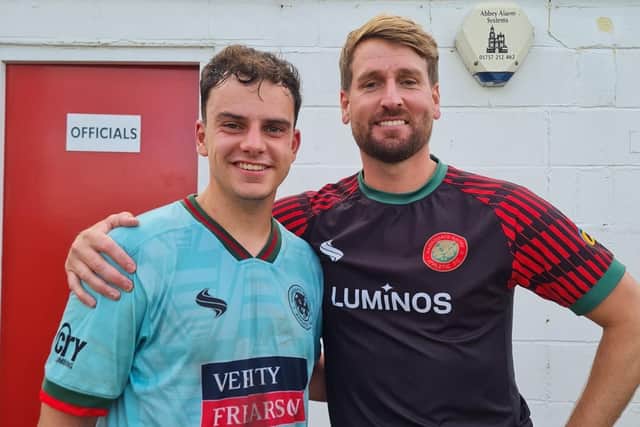 Man of the match James Hampson, left, with Harrogate Railway assistant manager, Mike Morris. Picture: Harrogate Railway Athletic