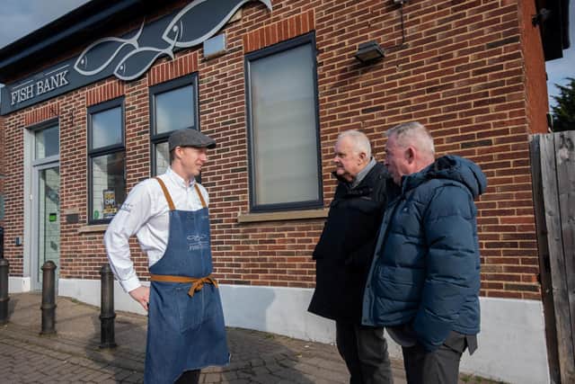 Pictured from the left are Jonathan France, owner of The Fish Bank, with Coun Bob Packham and Coun Mark Crane ahead of the regeneration works that have started on Low Street in Sherburn-in-Elmet