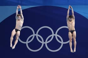Jack Laugher, left, and Anthony Harding of Team Great Britain compete in the Men's Synchronised 3m Springboard Final on day seven of the Paris 2024 Olympic Games. Picture: Quinn Rooney/Getty Images