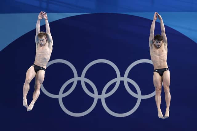 Jack Laugher, left, and Anthony Harding of Team Great Britain compete in the Men's Synchronised 3m Springboard Final on day seven of the Paris 2024 Olympic Games. Picture: Quinn Rooney/Getty Images