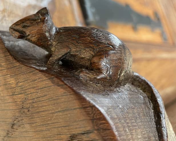One of two carved mice on an English Oak Hutch, circa 1926.