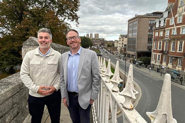The Mayor of York and North Yorkshire, David Skaith, pictured on the left, who yesterday chaired the first meeting of the York and North Yorkshire Local Visitor Economy Partnership’s board, with Paul Szomoru, the regional development lead at VisitEngland, on the city walls in York.