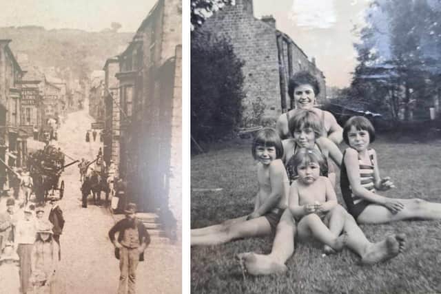 Pictured: Right, Pateley Bridge High Street in the early 20th century.  Left, Marie Cluderday in the centre of her siblings in the 1960s, Pateley Bridge.