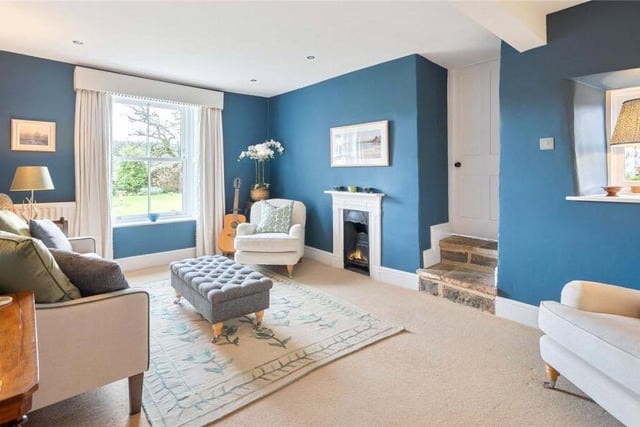 Another lovely reception room with a fireplace and plenty of natural light.