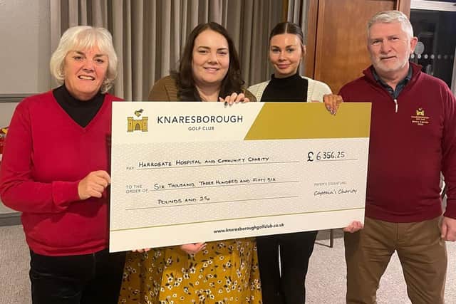 Di Hayward (Ladies Captain at Knaresborough Golf Club), Georgia Hudson (Harrogate Hospital & Community Charity Volunteer and Charity Manager), Rebecca Collings (Charity and Volunteer Officer) and Tom Halliday (Men's Captain at Knaresborough Golf Club) with a cheque for £6,356.25