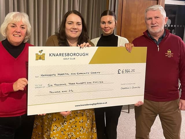 Di Hayward (Ladies Captain at Knaresborough Golf Club), Georgia Hudson (Harrogate Hospital & Community Charity Volunteer and Charity Manager), Rebecca Collings (Charity and Volunteer Officer) and Tom Halliday (Men's Captain at Knaresborough Golf Club) with a cheque for £6,356.25