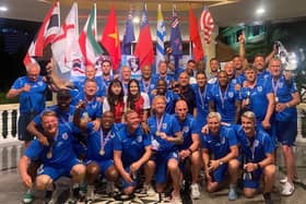 Harrogate Veterans FC celebrate winning the Seniors World Cup for England. Pictures: Submitted