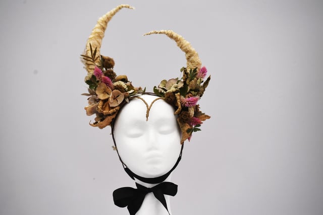 A floral headdress arrangement on display in the Floral Art marquee at the show