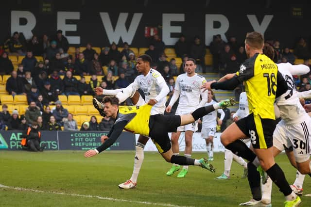 Harrogate Town substitute Josh March throws himself at an inviting delivery into the Crawley penalty area.