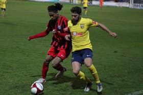 Action from Tadcaster Albion's 2-2 home draw with Long Eaton United. Picture: Keith Handley