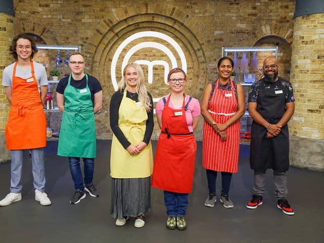 Abi, third from left in the yellow apron, with fellow contestants Khinley, Ben, Tatjana, Yogita and Max. Photo: BBC/Shine TV