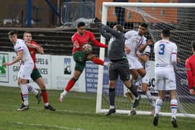 Luke Stewart scores from close range in the 76th minute to put Harrogate Railway 2-1 up at AFC Wakefield. Picture: Craig Dinsdale