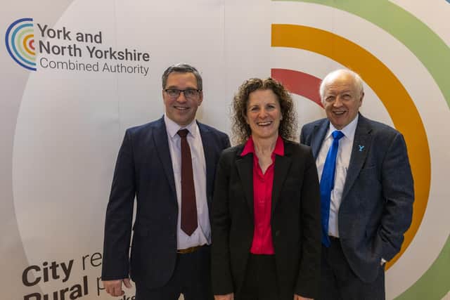 James Farrar, Claire Douglas and Carl Les at the launch of the new York and North Yorkshire Combined Authority