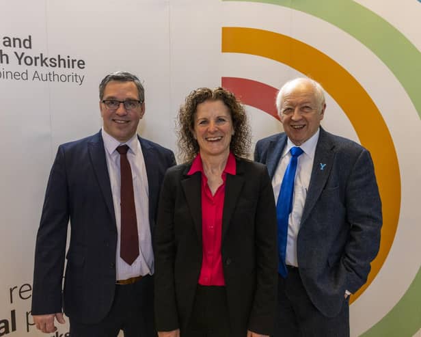 James Farrar, Claire Douglas and Carl Les at the launch of the new York and North Yorkshire Combined Authority