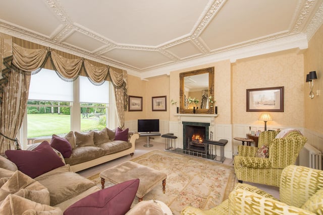 The drawing room has an open fire, and overlooks the grounds.