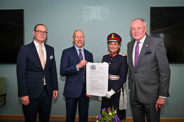 Bettys & Taylor Group receive their Queen's Award - Keith Writer, Taylors Supply Director; Andy Brown, Taylors Managing Director; HM Lord-Lieutenant of North Yorkshire, Mrs Johanna Ropner; Deputy Lieutenant David Kerfoot.