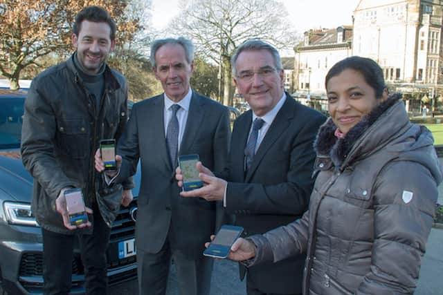 Flashback to AppyParking's launch in Harrogate in 2019 - Dan Hubert, AppyParking’s CEO, with North Yorkshire County’s then executive member for access Councillor Don Mackenzie, Harrogate Borough Council’s cabinet member for sustainable transport Councillor Phil Ireland and Hemlata Narasimhan, head of merchant services at Visa Europe.