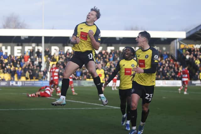 James Daly celebrates putting Harrogate Town 2-1 up during their recent win over Doncaster Rovers at the EnviroVent Stadium.