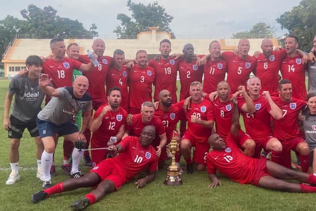 Harrogate Veterans FC celebrate winning the 2023 Seniors World Cup for England.