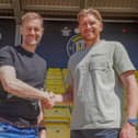 Harrogate Town manager Simon Weaver, left, with goalkeeper Mark Oxley, who has signed a new contract. Picture: Harrogate Town AFC