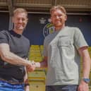 Harrogate Town manager Simon Weaver, left, with goalkeeper Mark Oxley, who has signed a new contract. Picture: Harrogate Town AFC