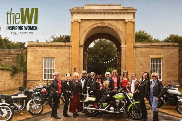 Ladies in Leather charity calendar - Members of Follifoot WI caused quite a stir during two fun-filled photoshoots in the village near Harrogate dressed in borrowed motorbike leathers, sitting astride classic motorbikes. (Picture Ian Marshall of Scarlet Ribbon Photography)
