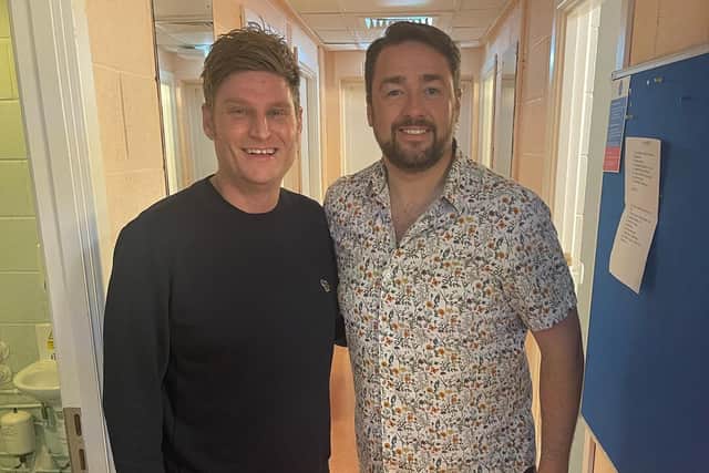 In demand Yorkshire comedian Scott Bennett pictured with Jason Manford who he has written for.