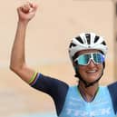 Harrogate's Lizzie Deignan celebrates as she crosses the finish line to win the first edition of the 'Paris-Roubaix' cycling event. Picture: Francois Lo Presti/ Getty Images