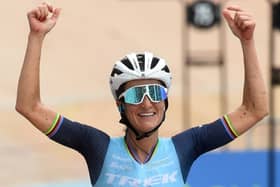 Harrogate's Lizzie Deignan celebrates as she crosses the finish line to win the first edition of the 'Paris-Roubaix' cycling event. Picture: Francois Lo Presti/ Getty Images