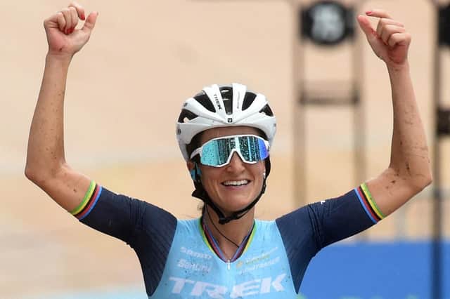 Harrogate's Lizzie Deignan celebrates as she crosses the finish line to win the first edition of the 'Paris-Roubaix' cycling event. Picture: Francois Lo Presti/ Getty Images