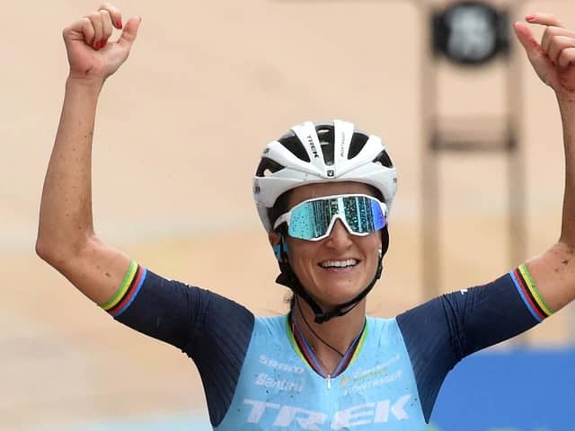 Harrogate's Lizzie Deignan celebrates as she crosses the finish line to win the first edition of the 'Paris-Roubaix' cycling event. Picture: Francois Lo Presti/ Getty Images