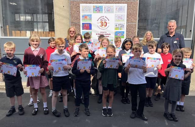 30th anniversary of Harrogate charity - Pupils from Coppice Valley, Knaresborough St John’s, St Robert’s, Western and Willow Tree Primary School along with Lee Wright and Fiona Quincey from Essential Needs. (Picture contributed)
