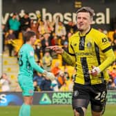 Josh March celebrates after handing Harrogate Town a 2-1 lead in the 58th minute of Saturday's League Two clash with Accrington Stanley. Pictures: Matt Kirkham
