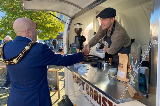 Pictured: Artisan coffee maker Happy Barista, meeting the Major of Ripon, Sid Hawke.