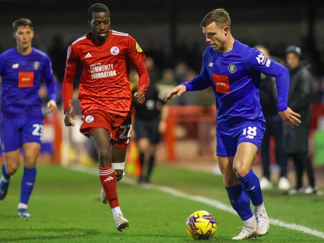 Jack Muldoon on the attack for Harrogate Town during Saturday's League Two loss at Crawley. Pictures: Matt Kirkham