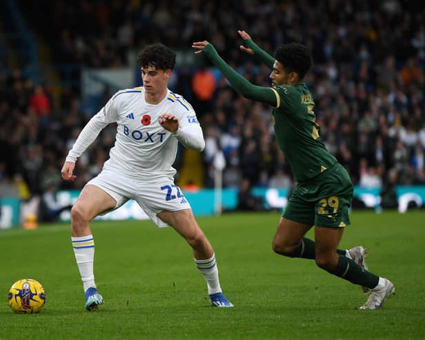This year's award for Achievement in Sport at the Yorkshire Young Achievers Awards has gone to Archie Gray, 17, of Harrogate who is pictured here playing at Elland Road for Leeds United against Plymouth Argyle. (Picture Jonathan Gawthorpe)