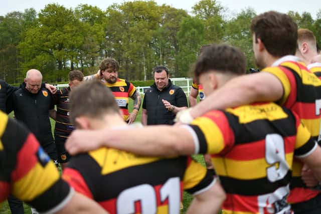 Harrogate RUFC director of rugby Martyn Wood addresses his players after their relegation was confirmed. Picture: Daniel Kerr