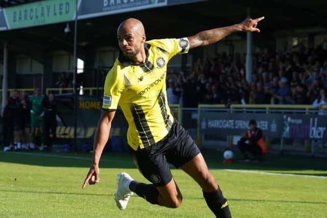 Warren Burrell's 90th-minute header found its way into the Gateshead net to earn Harrogate Town a Bank Holiday Monday win at Wetherby Road. Picture: Harrogate Town AFC